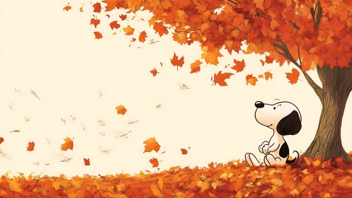 Cartoon beagle beneath swirling autumn leaves in repose.