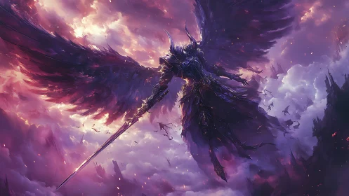 Armored dark angel warrior dominates a violent purple sky.