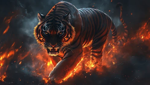Infernal stride of a hyperreal tiger through eruptive flame field