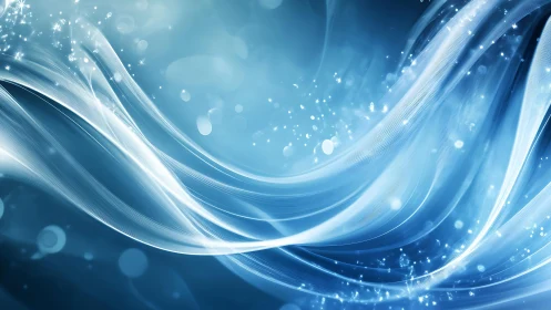 Abstract blue flowing waves with sparkling light accents, digital art.