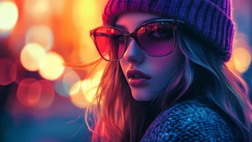 Stylish woman in sunglasses with neon city bokeh glow