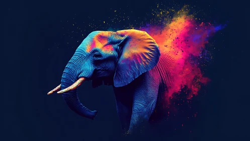 Chromatic elephant erupts in neon cosmos of paint and light.