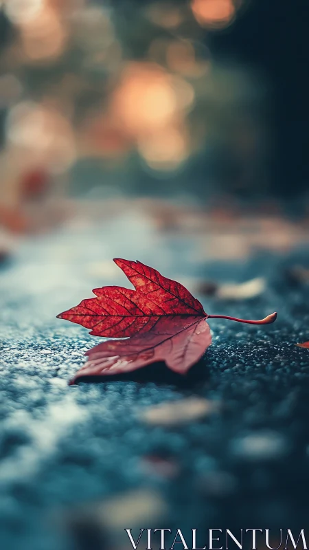 Quiet red leaf resting on rain-dampened autumn street.