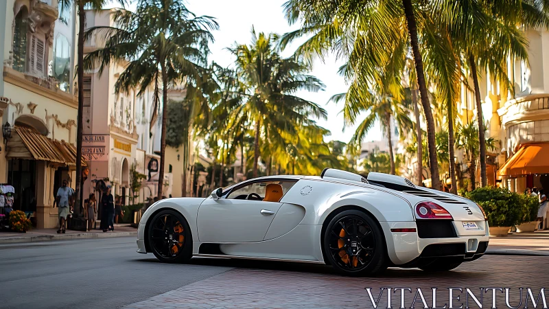 Sunlit supercar prowls palm-lined luxury boulevard streets.