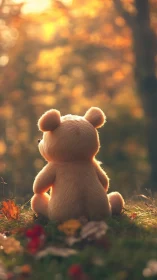 Soft teddy bear sitting in warm autumn forest light.