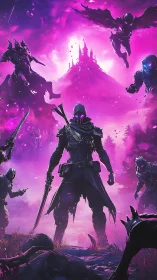 Armored warrior stands before glowing castle under violet sky