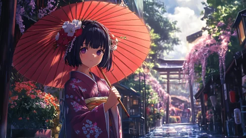 Rainlit street portrait unites anime styling and floral detail