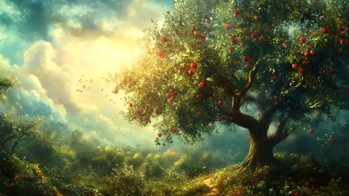 Luminous orchard vista with sunlit apple tree focal point.