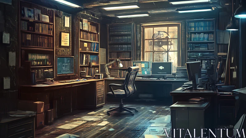 Dimly lit detective office shows cluttered desks and monitors