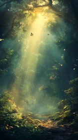 Sunlit forest path with vertical light beams and birds in air.