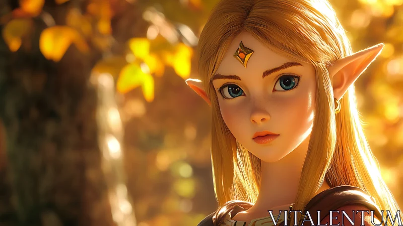 Golden autumn light gently frames a thoughtful elf girl