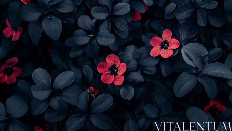 Red Flowers Among Dark Blue-Black Foliage.