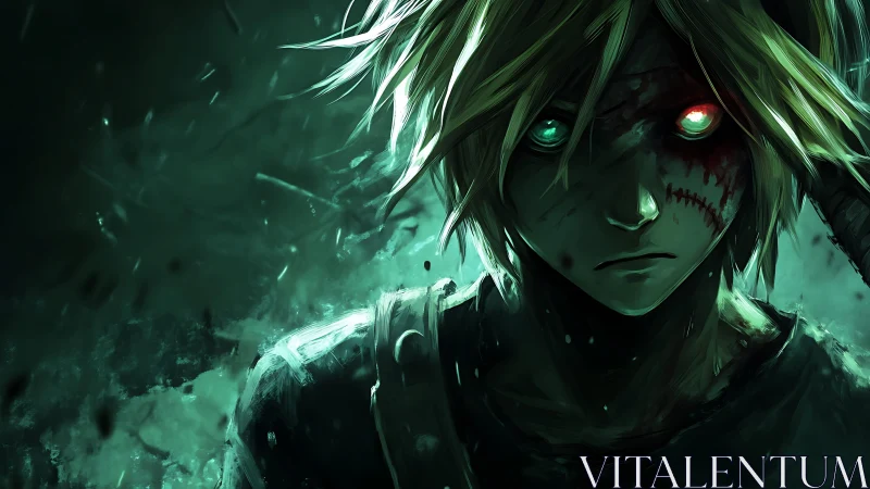 Dual-eyed figure with stitched scar in dark green scene.