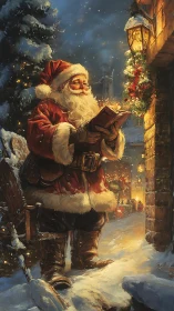 Nocturnal Santa vignette under lamplight in snowy alleyway.