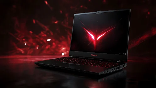 Gaming laptop showcases red backlit keyboard and emblem