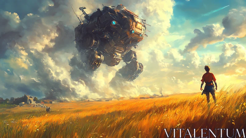 Colossal sky mech descends above lone wanderer at dusk.