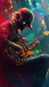 Cyberpunk street guitarist in neon cityscape at night.
