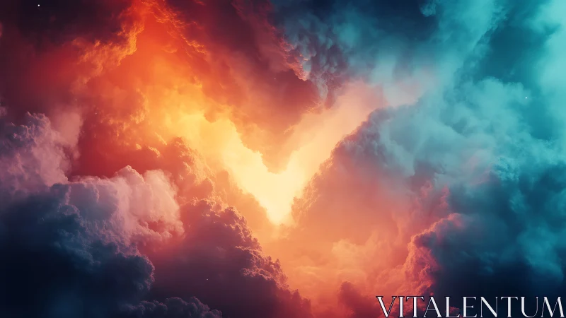 Clouds frame vivid central light in colorful digital sky