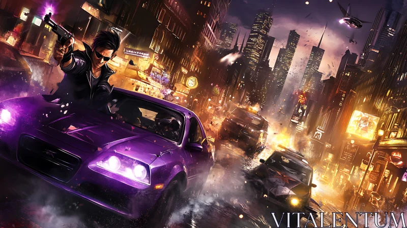 Neon city car chase bursting with midnight adrenaline.