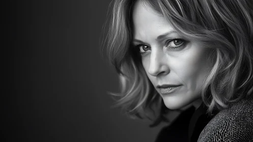 Intense Woman’s Portrait in Dramatic Black and White Photorealism.