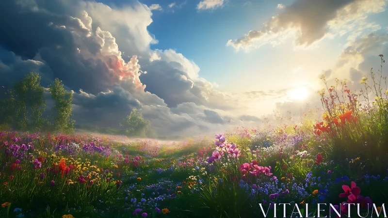 Sunlit wildflower meadow opens beneath dramatic storm clouds