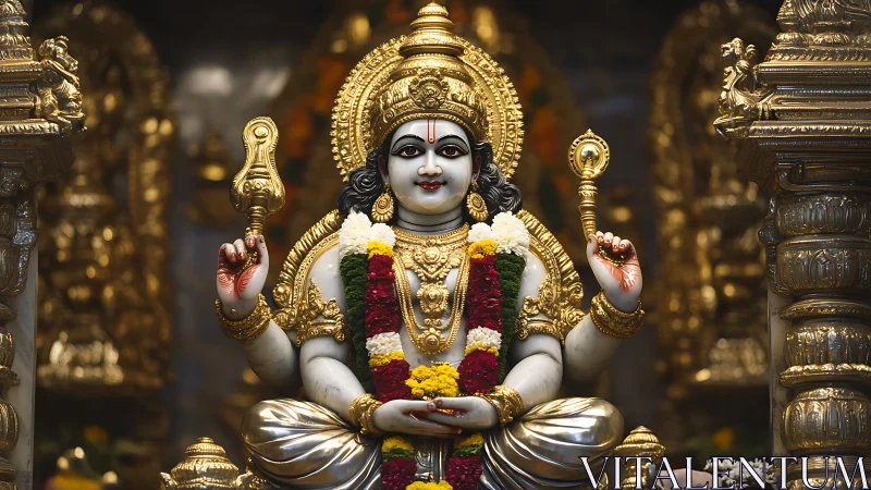 Gilded deity statue with garlands in ornate temple setting.