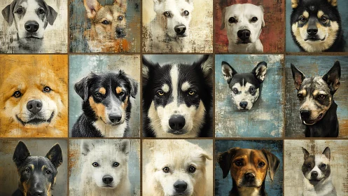 Grid of stylized dog portraits rendered with textured painterly detail