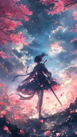 Sword-bearing girl beneath luminous cherry blossom skies.