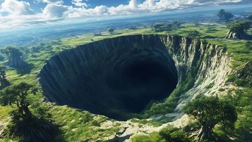 Vast tectonic sinkhole within verdant plateau landscape.