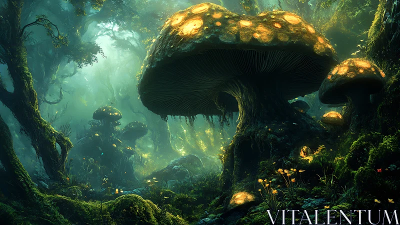 Glowcapped giant mushrooms crown an emerald mist forest.