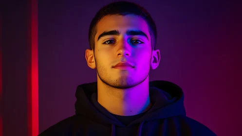 Moody neon portrait of a confident young man in soft glow.