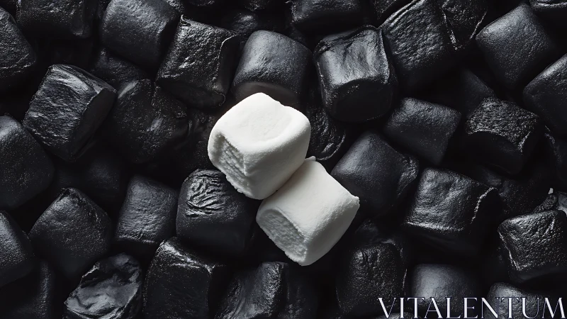Two white marshmallows centered on black charcoal arranged as composition.