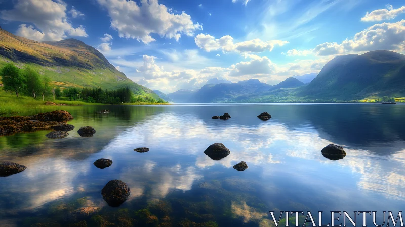 Glacial valley lake with specular cloud reflections and boulders.