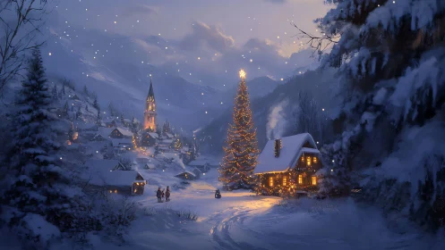 Snowdrift village glowing around a towering storybook tree.