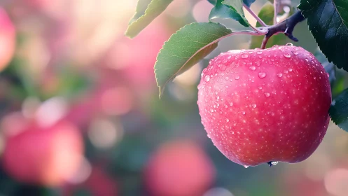 Ripe red apple hangs with dew against soft pastel bokeh