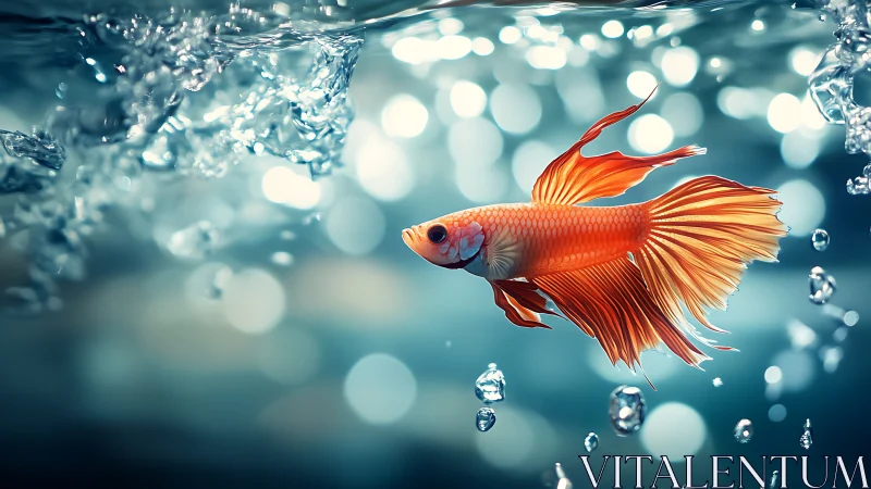 Macro close-up of orange betta fish in bokeh-lit water column