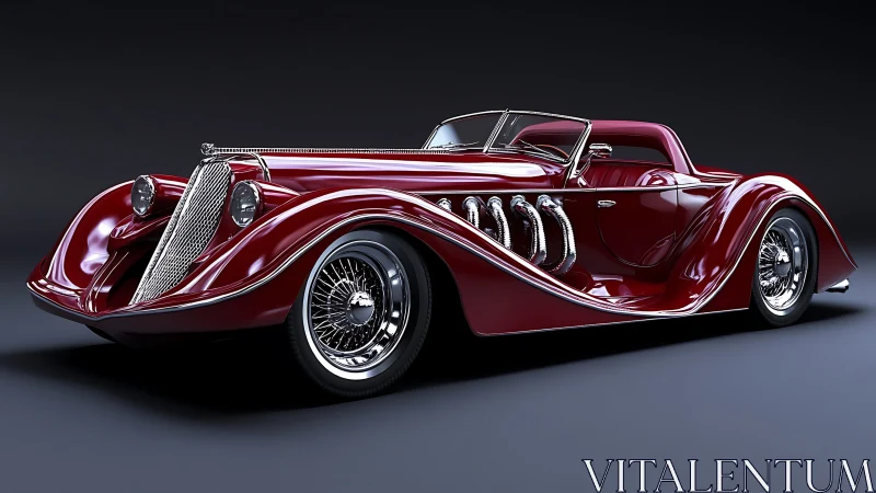Glossy burgundy vintage roadster with chrome details shown.