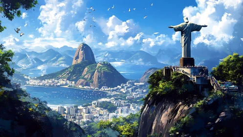 Christ the Redeemer over Rio bay in vivid digital panorama.