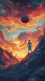 Digital painting of lone basketball player under cinematic sky.