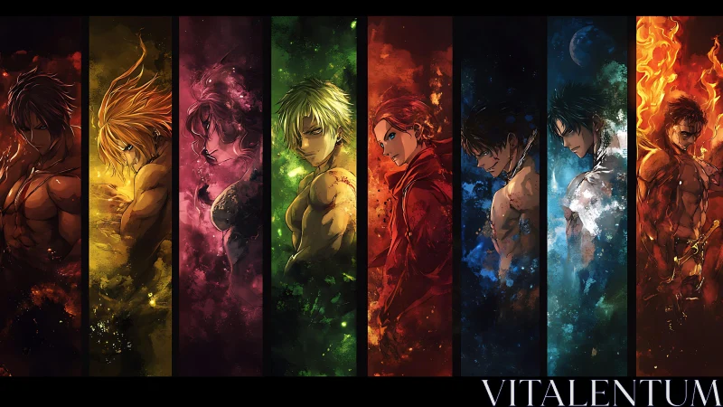 Elemental anime warriors aligned in vertical blazing panels.