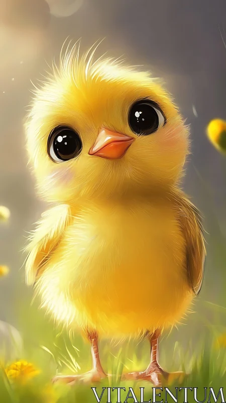 Luminous Chick Portrait: Digital Rendering of Fluffy Yellow Avian.