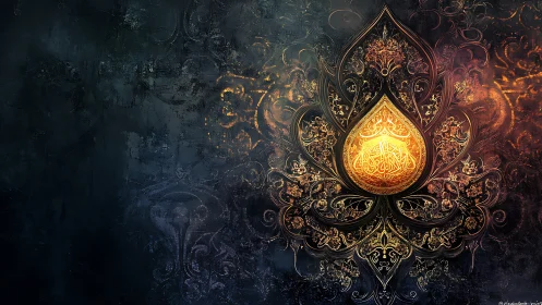 Ornate golden Arabic calligraphy glows inside dark floral mandala