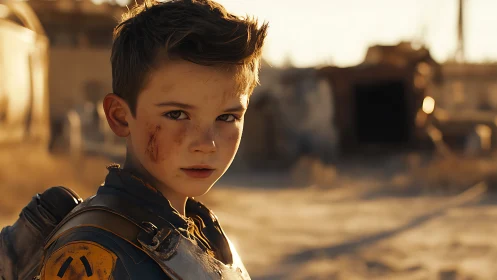Dust-covered boy in sci-fi armor under harsh desert sun.