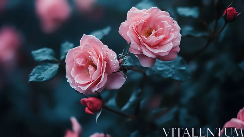 Pink roses with rain droplets against moody teal backdrop.