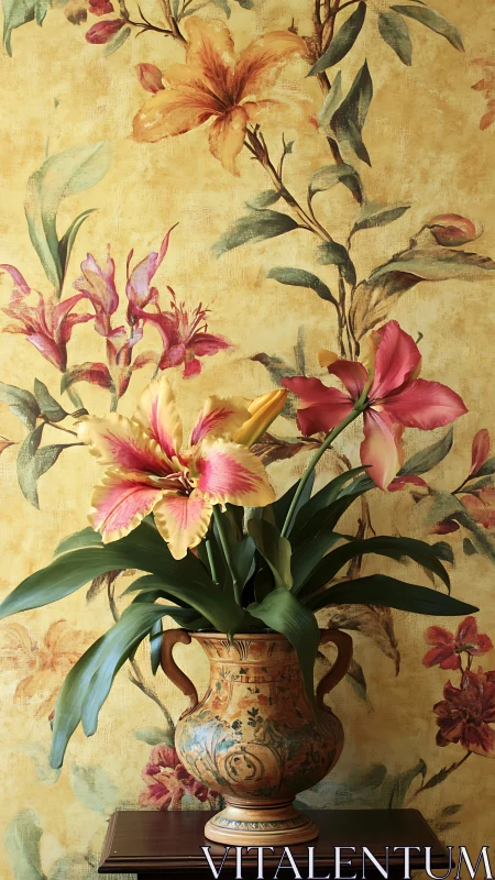 Pink and yellow lilies arranged in ornate ceramic urn