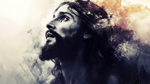 Bearded man gazes upward in radiant abstract light