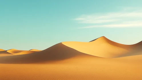 Golden desert dunes roll under a tranquil pastel sky