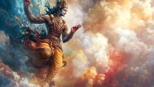 Mythic celestial figure dancing within iridescent atmospheric clouds