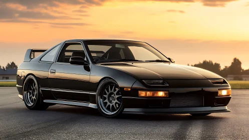 Sleek black sports coupe glows under a warm sunset sky