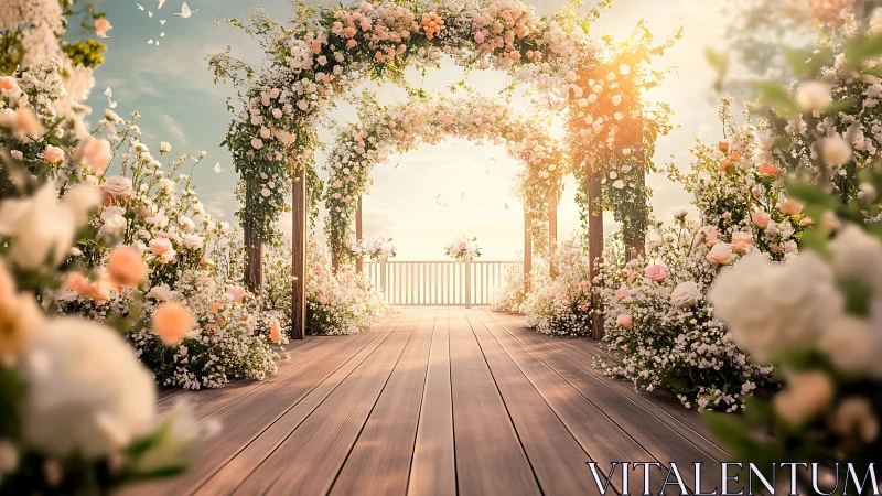 Digital painting of floral wedding arch under golden sunset light.
